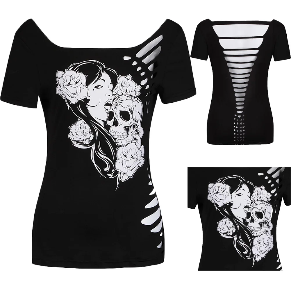 

2017 Summer Sexy Skull Head T-shirts Burning Flowers Hollow Plus Size Casual Women T-shirt