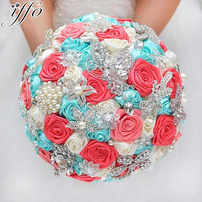 Diy Brosche Bouquet Silk Rosen Blumen Braut Brauthochzeits Blumenstrauss Brautjungfer Mint Turkis Coral Ivory Band Rosen Anpassbare Bouquets Ribbon Factory Ribbon Machineribbon For Wedding Favors Aliexpress