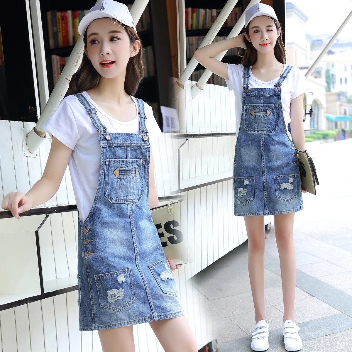 New 2019 Preppy Style Casual Loose Jeans Dress Women Washed Short Suspender Denim Sundress Denim Overall Dress Y496