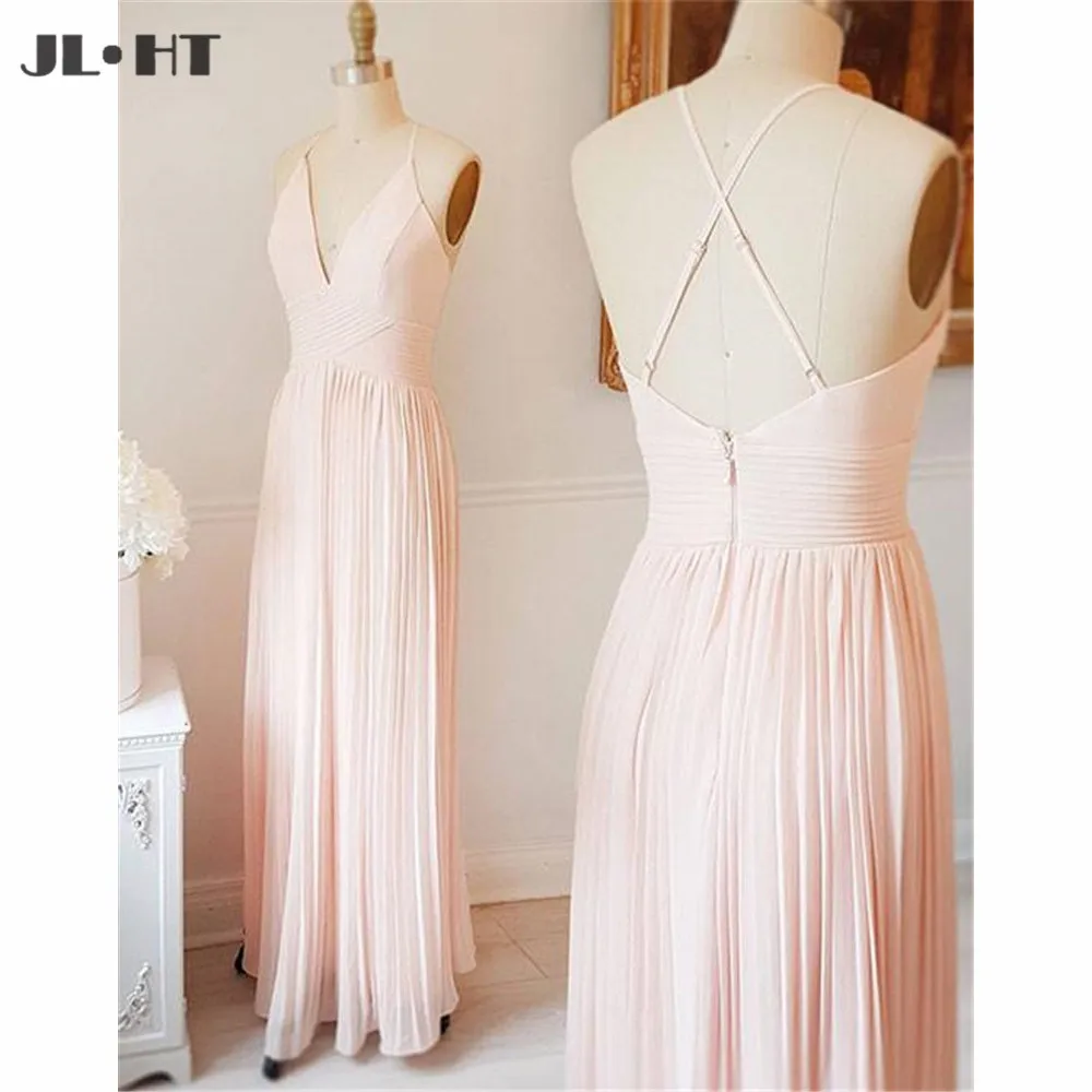 

Simple Evening Dresses Long Spaghetti Straps V-Neck Pleat Chiffon Prom Gown A-Line Evening Party Dress