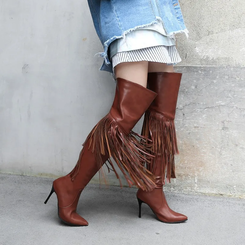 Femmes Plus À Haute Les Avec TailleXz Talons Cuisse La brown Pour 093 Couches Black Glands Mocassins Bottes Frangées2 3JlcKTF1