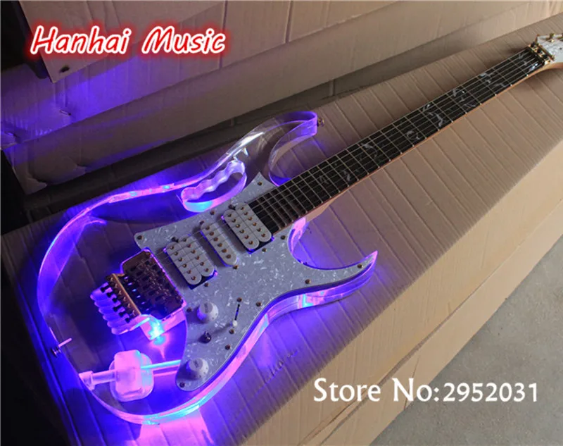 

Free Shipping-Electric Guitar,Acrylic Body,Gold Floyd Rose,LED Lights on Fretboard and Body,White Pearl Pickguard,can be Custom