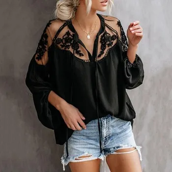 

Women'S Shirt V-Neck Casual Lace Mesh Stitching Long Sleeve Perspective Ruched Fashion Female Blouses 2019 Plus Size