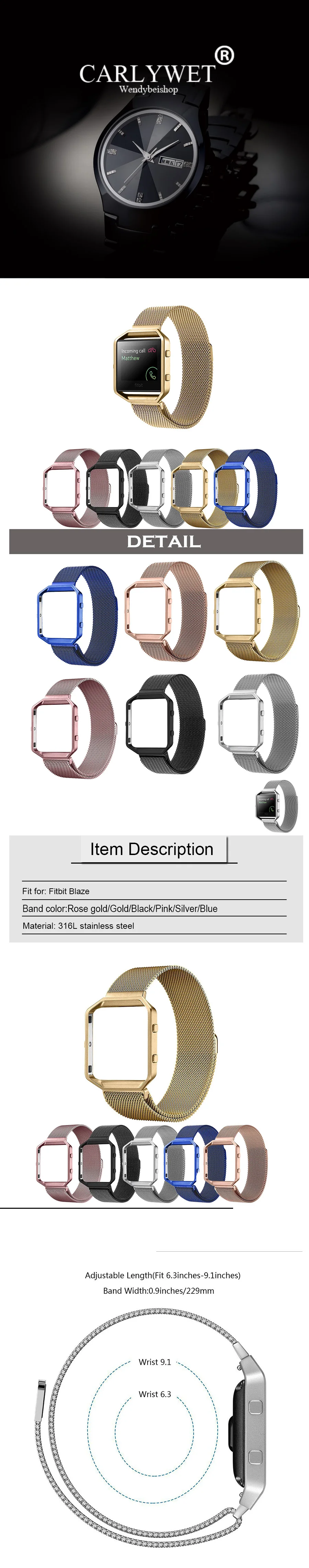 CARLYWET оптовая продажа Миланского Сталь наручные часы Группа ремень Магнитная застежка с чехол металлический каркас для Fitbit Blaze 23 Часы