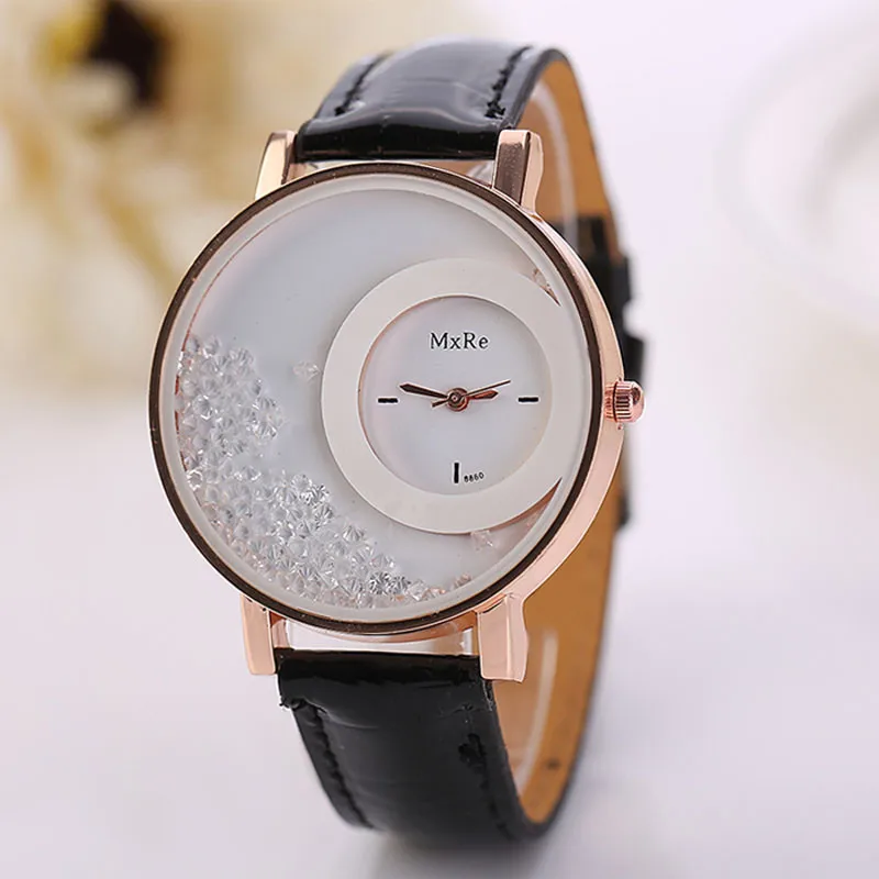 Женские часы с кожаным зыбучим песком, стразы, кварцевые наручные часы с браслетом