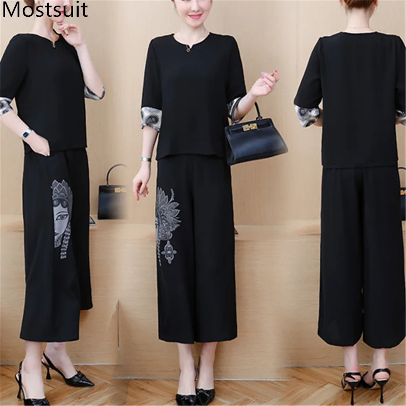 

L-5xl 2019 Black Summer Two Piece Sets Outfits Women Plus Size Printed Tops And Wide Leg Pants Suits Office Elegant Korean Sets