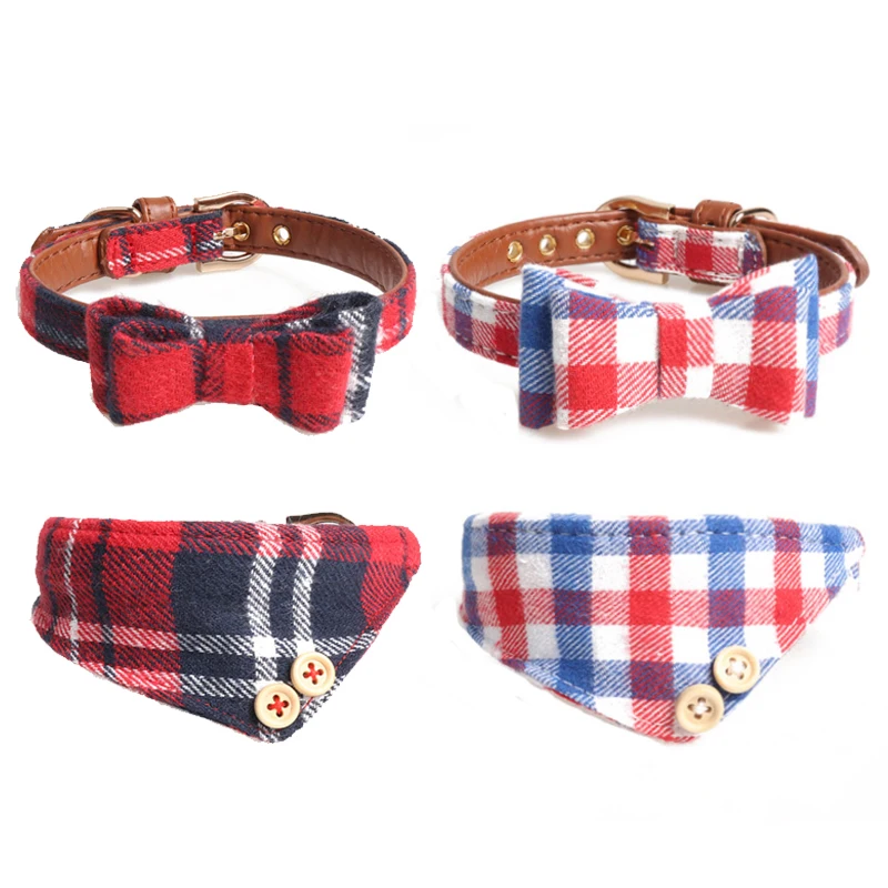 

Pet Cats Collar Small Dog Bandana Plaid Bow Scarf for Puppy Adjustable High Quality Collar Leash Set Necklace Dog Accessories