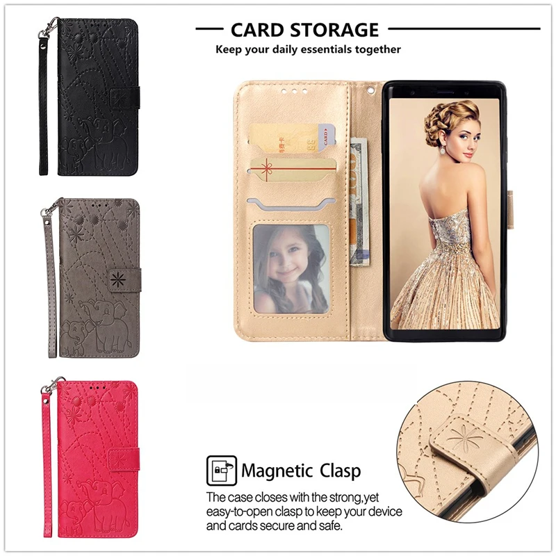 

For Samsung S9 Embossed Elephant Wallet Protective Case Galaxy S10 Pro Lite Flip Leather S8 Plus Mobile Phone Case A6 A7 A9 2018