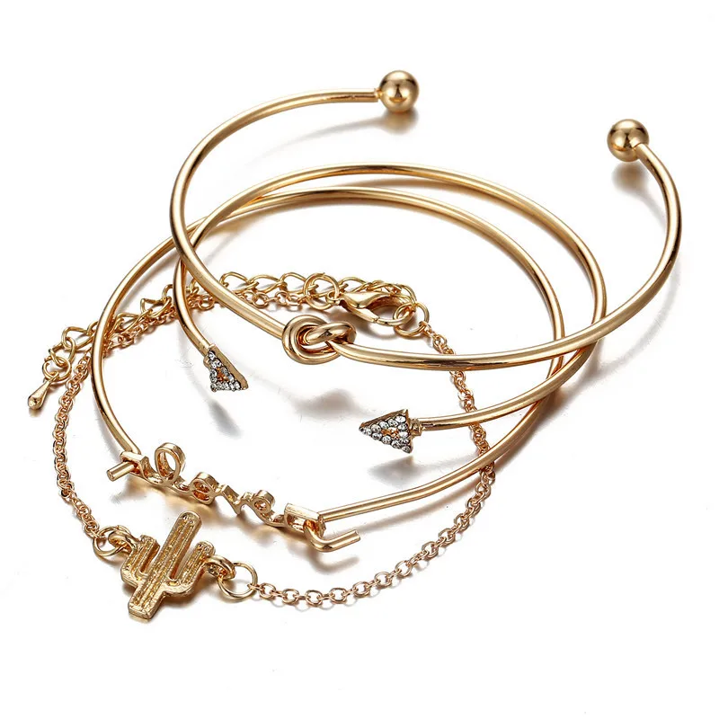 

4pcs/set Gold Color Cactus Letter Knot Bracelet Bohemian Geometric Metal Chain Bracelet Bangle Statement Jewelry