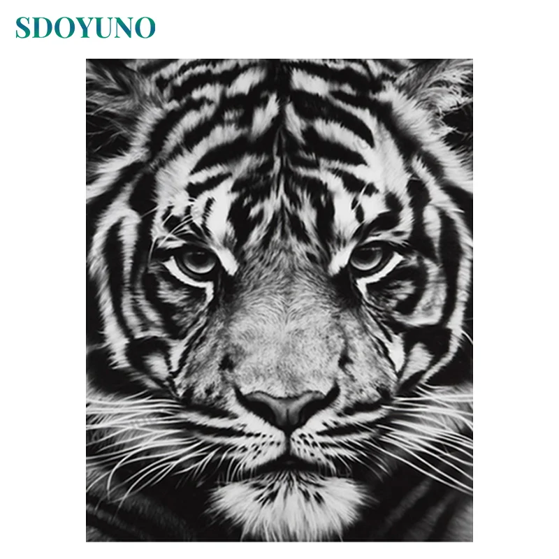 

SDOYUNO Frameless 60x75cm Painting By Numbers Black and White Tiger Head Paint By Numbers For Adults Room Decor DIY Home Decor