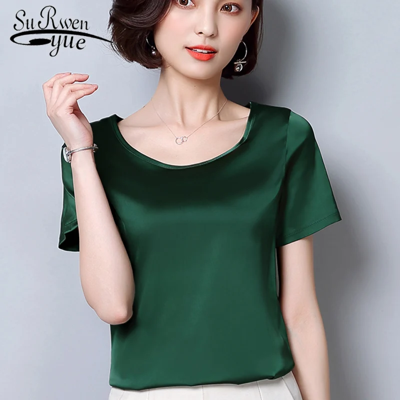 

plus size Silk O-neck sling top satin short sleeve stretch shirt Solid blouse womens tops and blouses 2019 women shirts 2126 50