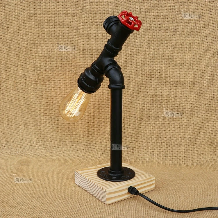 

New Loft American retro industrial wind bedroom bedside bar iron decorative wood base lamp pipe personality Table Lamps SG10