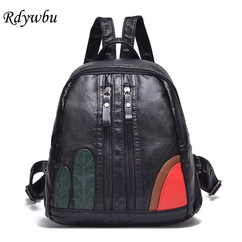 

Rdywbu Soft Washed PU Leather Backpack Women Leaves Applique Black School Bag Girls Double Zippered Fashion Travel Bolsas B607