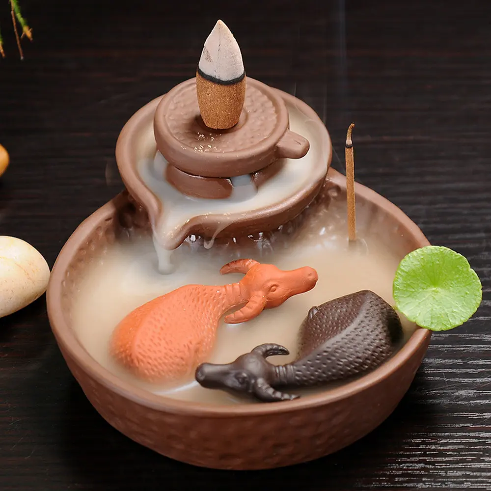 

2 Cattles Mill Cone Incense Burner Purple Clay Smoke Back Flow Incense Sticks Holder Lucky Animal Censer for Tower Incense New