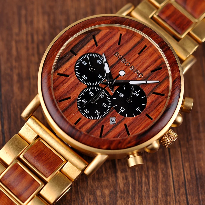 BOBO BIRD Men Watches Luxury Stylish Date Display Wood Watch Quartz Wristwatch Wooden and Metal Strap Timepieces K-nQ26