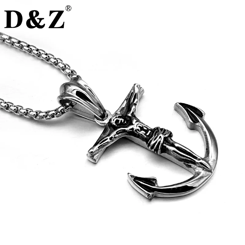 D&Z Vintage Jesus Cross Anchor Necklace Titanium Stainless Steel INRI Crucifix Jesus Piece