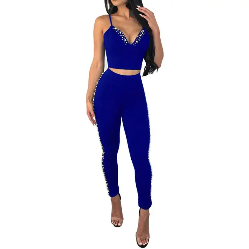 

Fashion Beading Women Set Sexy V Neck Sleeveless Top Trousers 2 Pieces Set For Club Party WS8473E