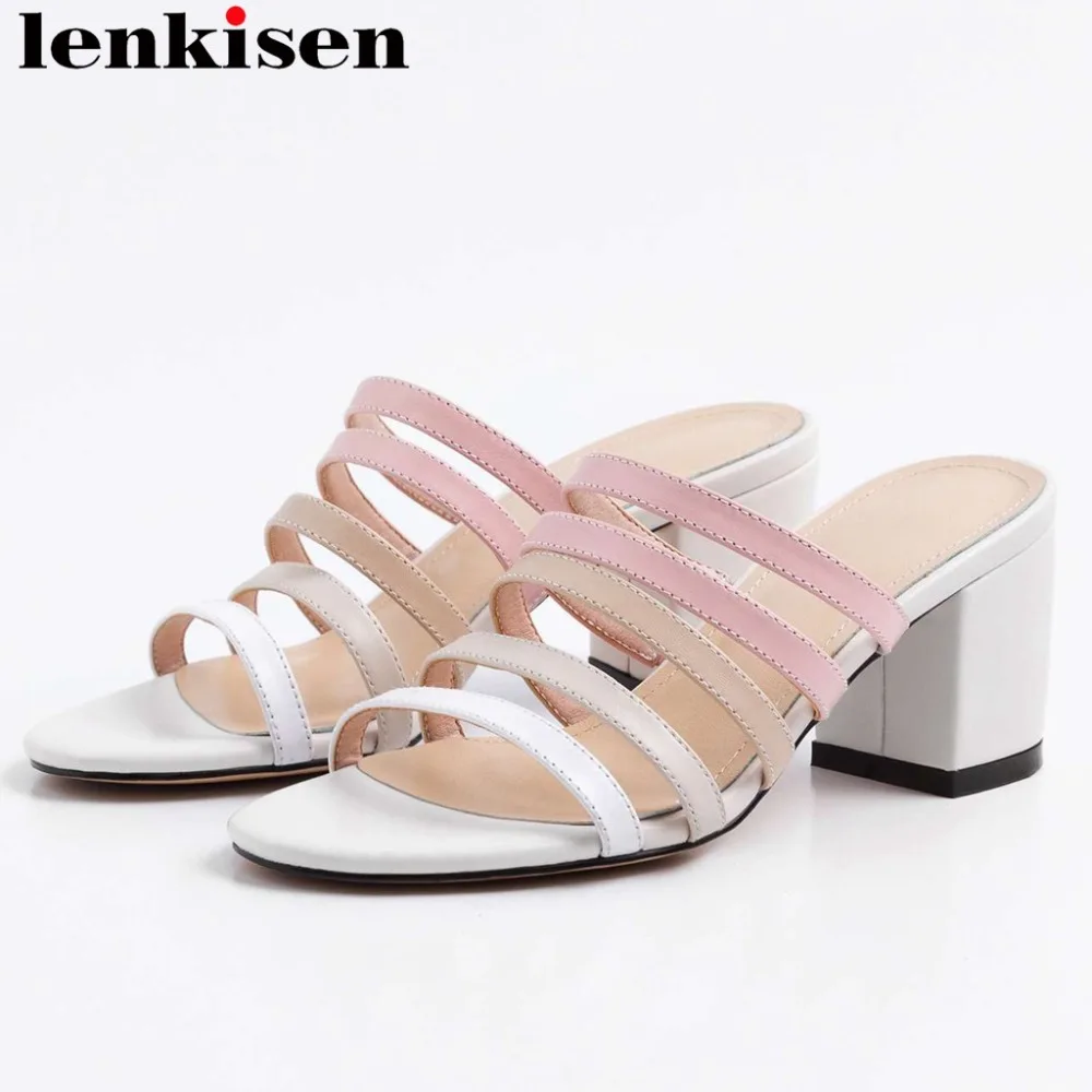 

Lenkisen mixed colors genuine leather gladiator shoes round peep toe thick high heels simple style slip on mules sandals L21