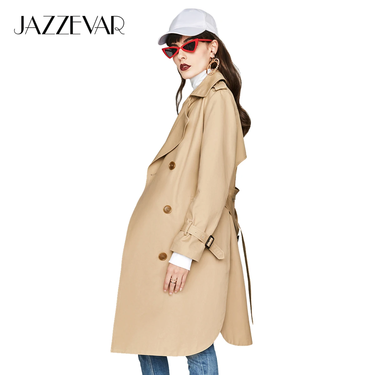 

JAZZEVAR new 2019 Autumn Fashion Casual Women's Khaki Trench Coat Double Breasted Long Outerwear For Lady With Belt High Quality