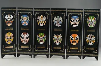 

China Superb Lacquer Ware Handwork Painting Six Fans Beijing Opera Mask Screen.