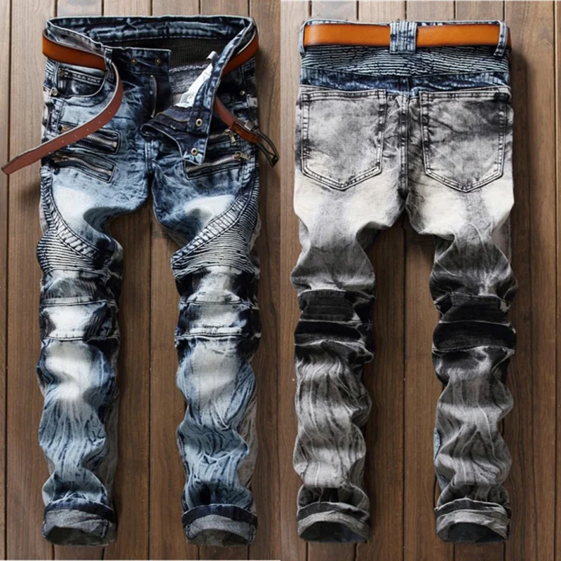 

Hip Hop Men`s Jeans High Quality Slim Fit Snow Wash Mid Stripe Jeans Men Brand Clothing Night Club Biker Jeans Pants 003-2