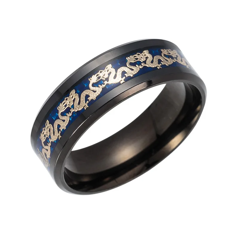 Черное кольцо Для мужчин Традиционный китайский золотой дракон инкрустация с голубой кольцо из нержавеющей стали ювелирных изделий
