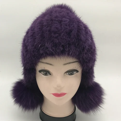 dark purple Милая меховая шапка из натуральной норки, женская зимняя вязаная шапка из натурального меха норки, шапки бини, Толстая теплая шапка из натурального меха лисы - Цвет: dark purple