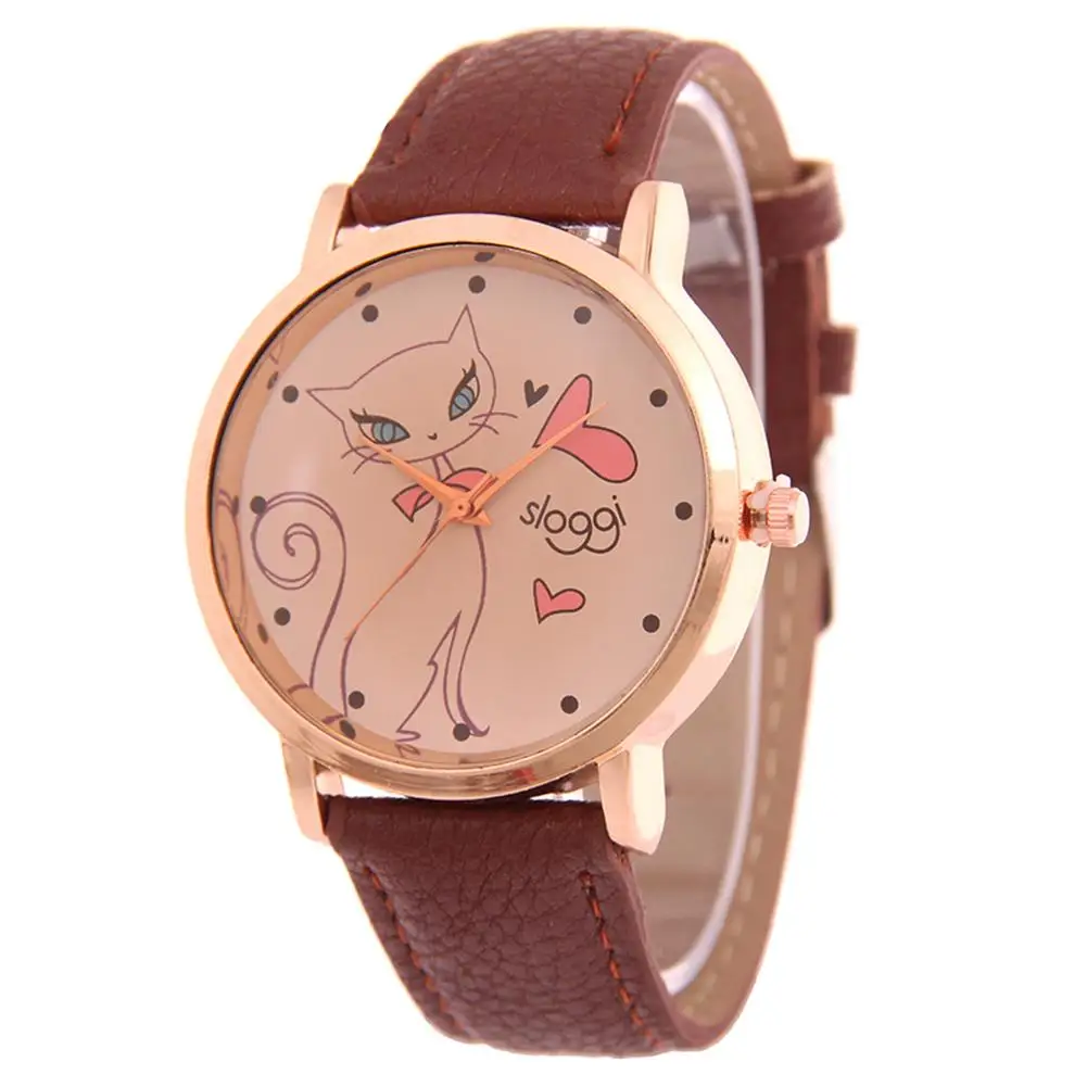 

Fashion Women Cartoon Cat Dial Wristwatch Faux Leather Quartz Analog Wrist Watch relojes para mujer