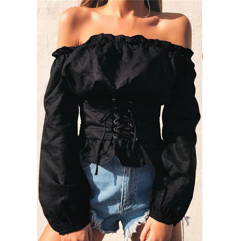 

New Fashion Women Laides Long Sleeve blouses autumn spring Off Shoulder lace up bandage solid shirts blouses tops