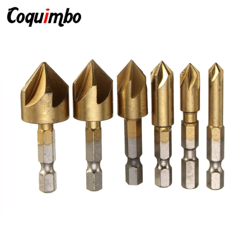 

6pcs/Set 5 Flutes Chamfer Countersink Drill Bits Set 1/4" Hex Shank HSS Wood Chamfering Cutter 6mm/8mm/9mm/12mm/16mm/19mm
