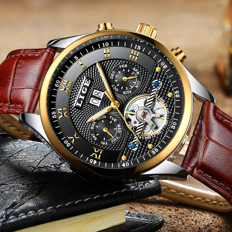 

LIGE Mens Watches Top Brand Luxury Business Fashion Automatic Watch Leather Waterproof Wristwatch Sport Watches Relogio Masculin