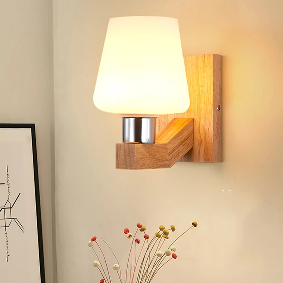 

Thrisdar Modern Nordic Wood Glass LED Wall Lamp E27 Bedroom Bedside personality LED Wall Light Corridor Living Room Wall Lamp
