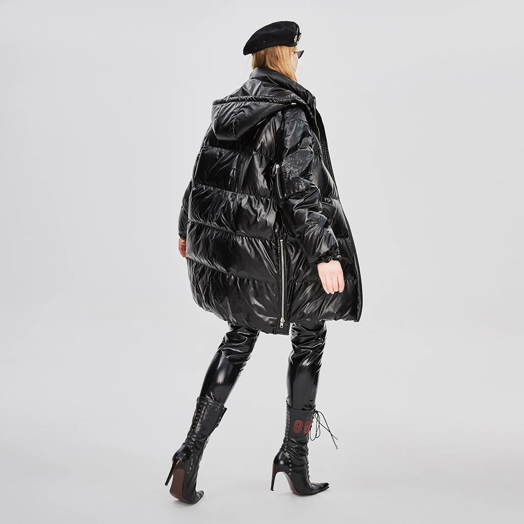 Beste JAZZEVAR 2019 Winter Nieuwe Mode Straat Womens Edgy Sliver Lange Donsjack Cool Meisjes Rits Hooded Down Jas Bovenkleding z18004