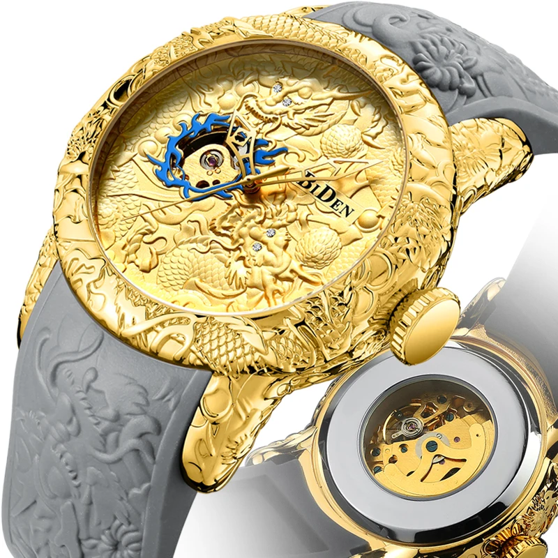 

Luxury Top Brand Automatic Watch Men Gold Dragon 3D Sculpture Design Fashion Male Clock Steampunk Mechanical Wrist Watches reloj