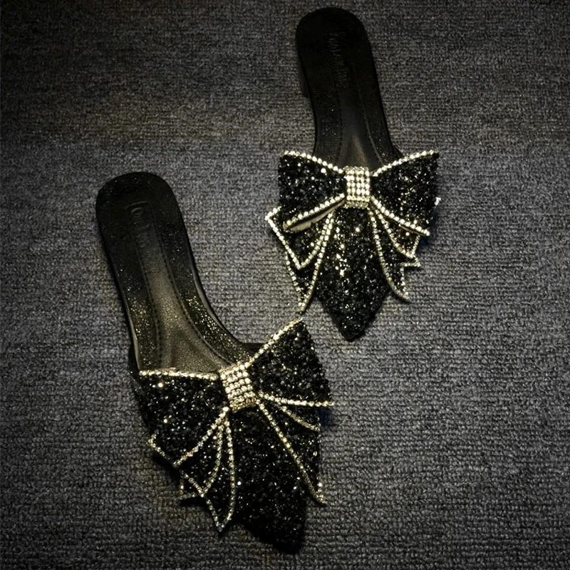 

Dropshipping Women Sandals 2019 Summer Rhinestone Slippers Female Footwear Pointed Slippers Half Bow Flat Shoes for Girls Slip