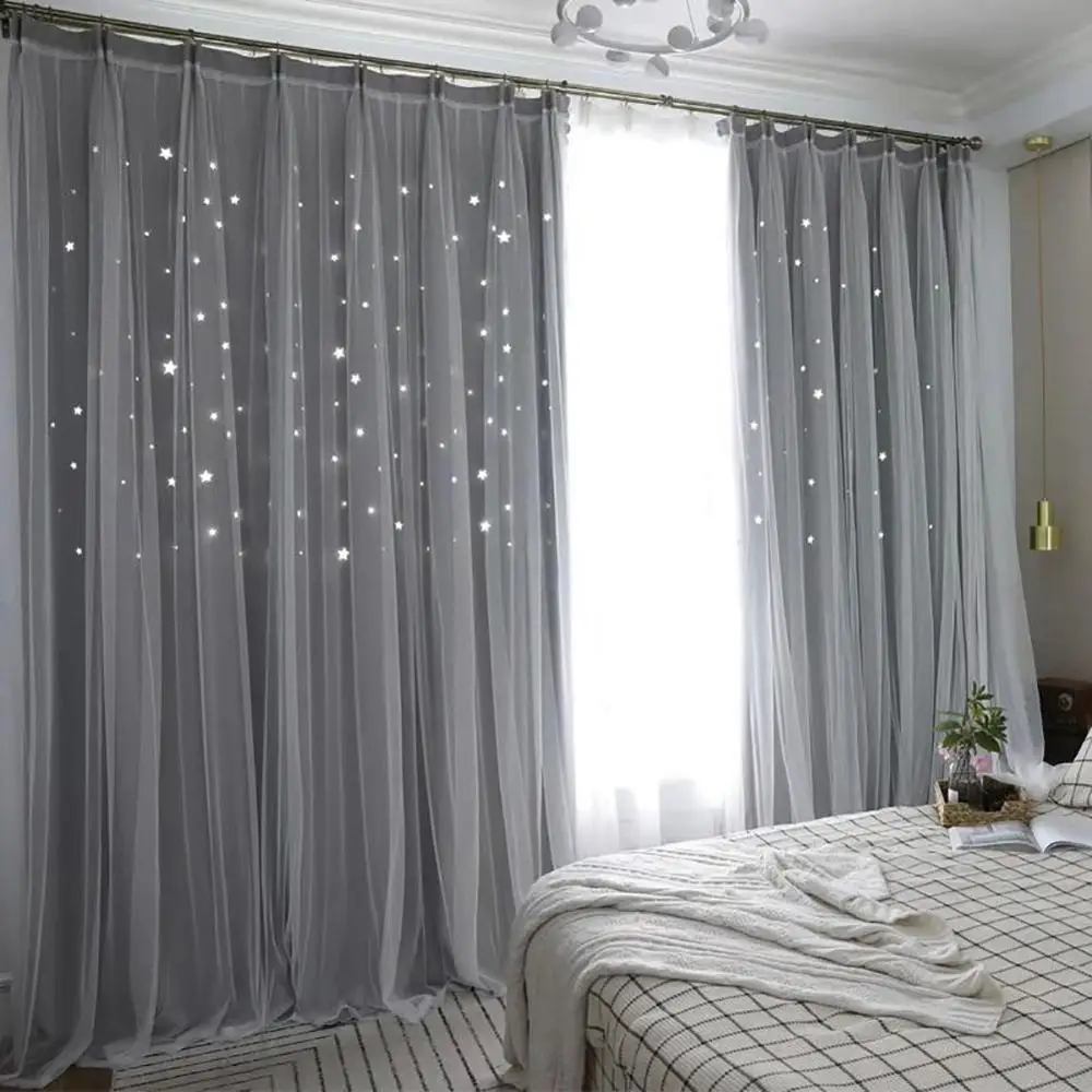 Meijuner, полный комплект, ткань для штор и пряжа, занавеска, полый, звезда, двойной слой, кружевной тент, ткань для гостиной, A008 - Цвет: grey