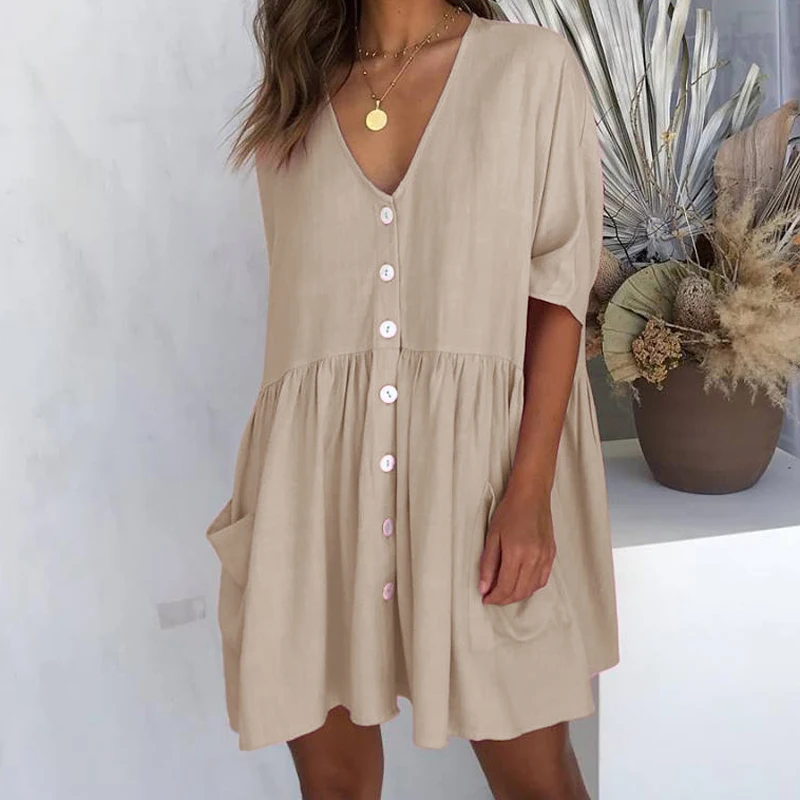 

Casual Mini Dress Pockets Buttons Decorative Loose Women's Clothing Summer Dress Streetwear Half Sleeve V Neck Plus Size M0466