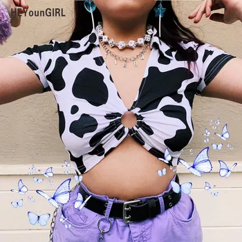 

HEYounGIRL Animal Print Sexy Short Sleeve T Shirt Women Casual Deep V Neck Crop Tops Tees Streetwear Cute T-shirt Woman Summer