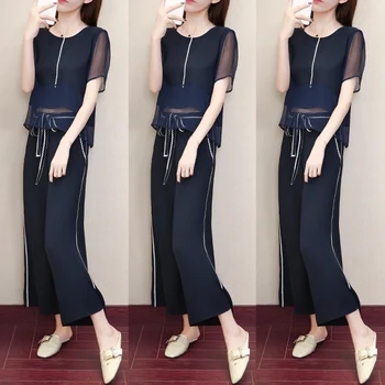 

Brief Fashion Two Piece Set Top And Pants Contrast Sashes Summer Costumes For Women Temperament Wild Ensemble Femme Survetement