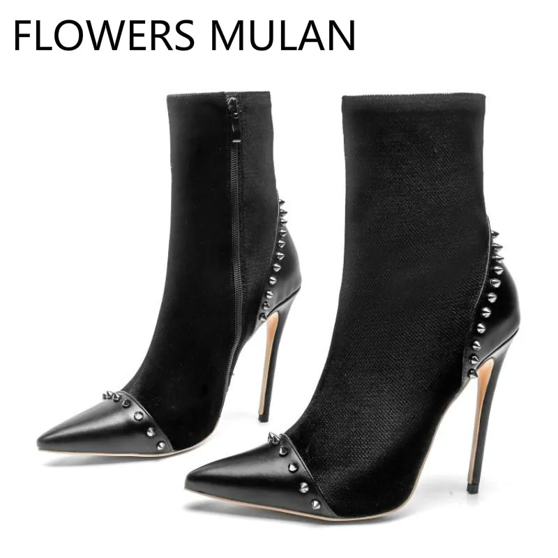 

Fashion Ankle Boots For Women Spiked Pointed Toe High Heels Botas Mujer Brand Stretch Fabric Sock Boots Woman Side Zip Shoes