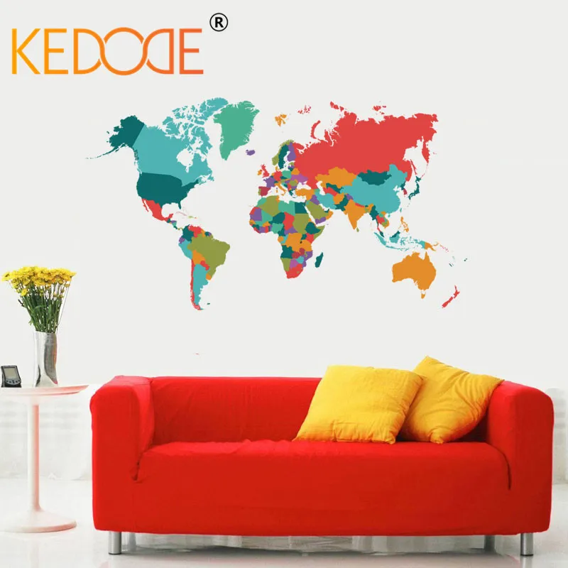 

KEDODE New Color World Map Wall Stickers Living Room Bedroom Wall Art Odourless Wallpaper PVC Mural Large Size 60 * 107CM