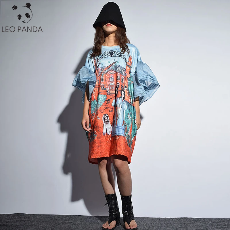 

Fashion New 2019 Summer plus Size Loose Dress Female Half Sleeve Ruffles Sleeve Cartoon Print Above Knee Dresses Women Korea