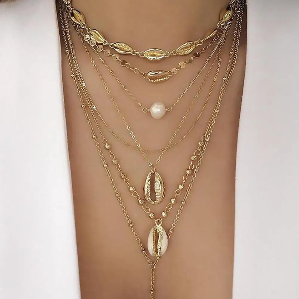

Summer Beach Bohemian Women Multi-layer Cowrie Shell Faux Pearl Charm Necklace