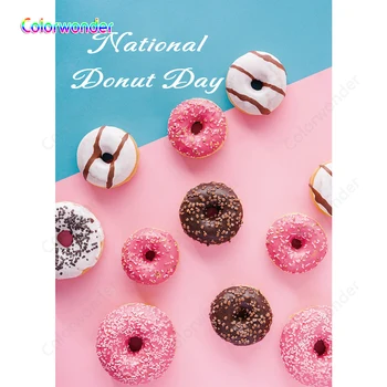 

Sweet Candy World Photography Pink White and Black Donuts 5x7ft Blue with Pink Background Backdrops for National Donut Day Prop