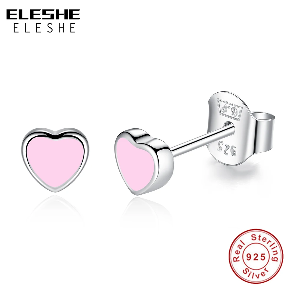 

ELESHE Cute Love Heart Earrings Enamel Pink/Green Stud Earrings 925 Sterling Silver Earrings For Women Wedding Jewelry