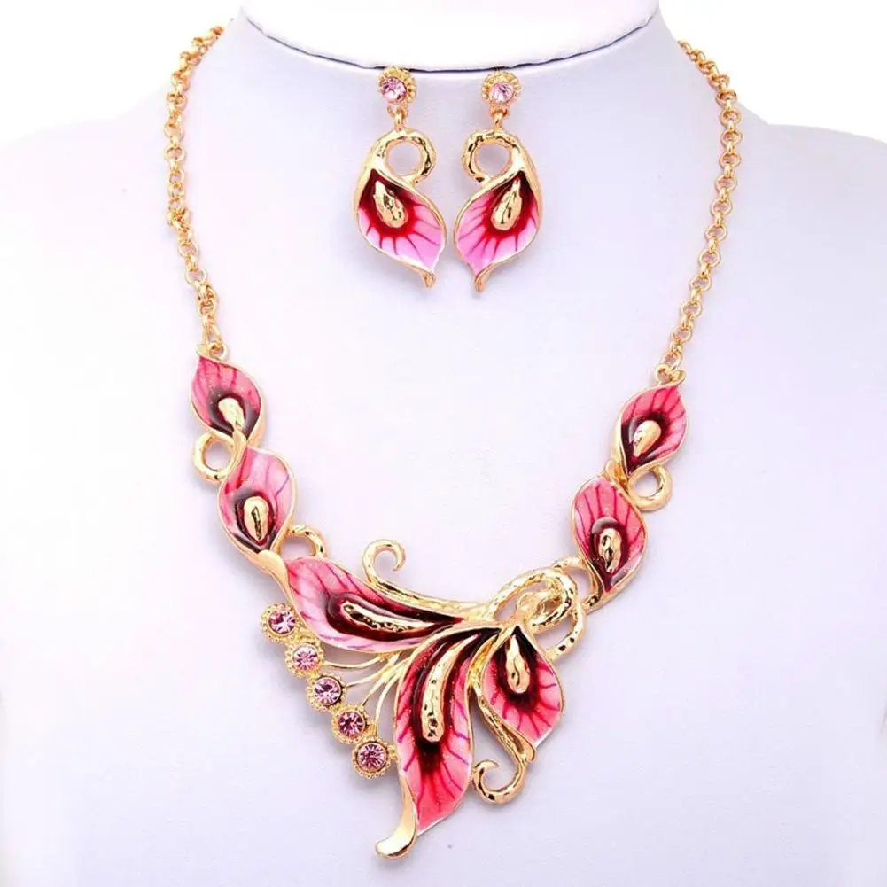 

Women Enamel Flower Charm Rhinestone Stud Earrings Chain Necklace Jewelry Sets Birthday Party