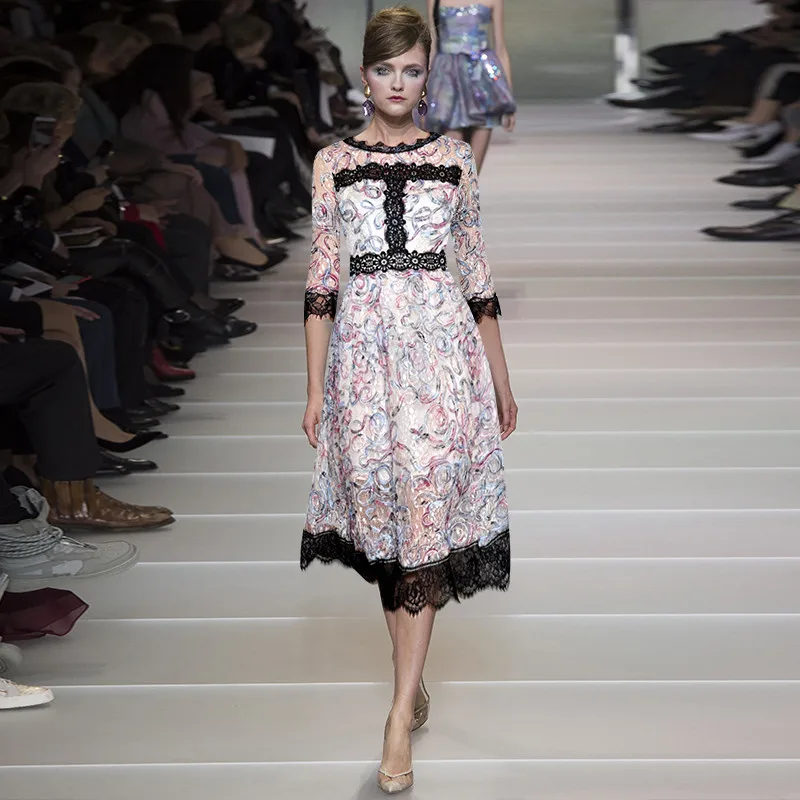 

High-end Runway Designer Dress Women 2019 Summer Elegant Lace Patchwork Floral Printed Midi Dress Vestidos