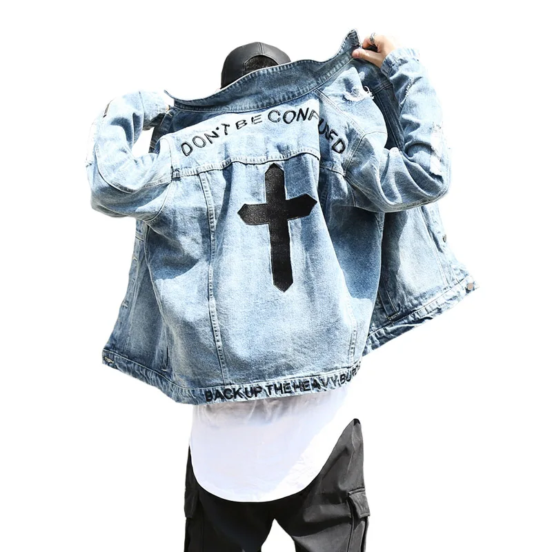 

Autumn New Tide Brand Loose Denim Jacket Classic Men's Clothing Frayed Cowboy Cross Embroidery Zipper Coats