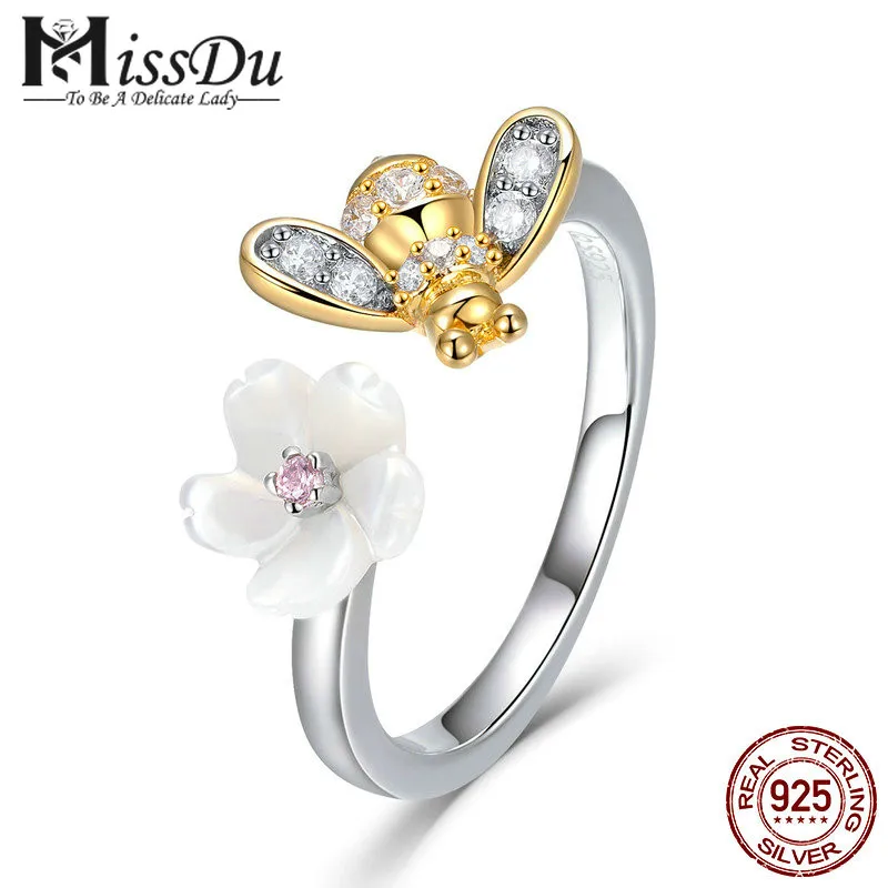 

100% 925 Sterling Silver Adjustable Bee And Honey Flower Sweet Wish Finger Rings for Women Party Silver Jewelry BSR013