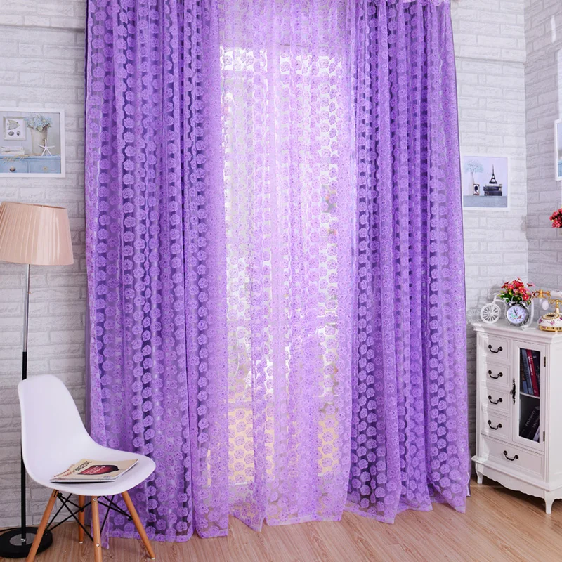 Flocado patrón Floral Tulle Voile Rose patrón Tulle ventana pantallas puerta balcón Cortina 4 colores Cortinas cortina 2*1 M